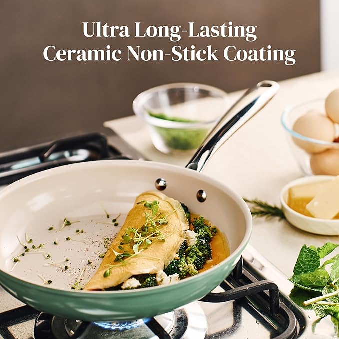 Redchef Non Stick Ceramic Frying Pan Set, Non Toxic Ceramic Pans for Cooking, 8" 9.5" 11" Skillet Set, No PFAS & PTFE & PFOA with Stainless Steel Handle, Dishwasher & Oven Safe Max up to 842°F (Green)