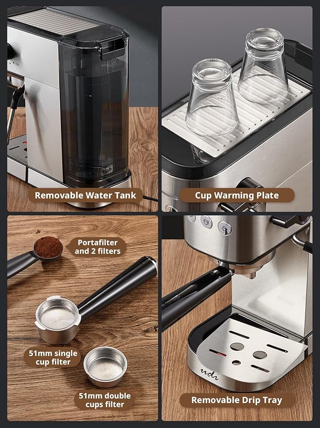 UDI Espresso Machine with Milk Frother, 20 Bar High Pressure Professional Espresso Maker Automatic, Compact Stainless Steel Coffee Machine for Cappuccino, Latte, Silver