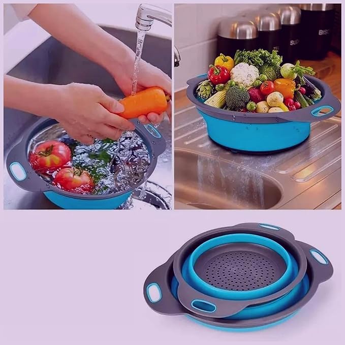 Round Silicone Blue Colander Collapsible – Foldable Kitchen Strainer Small Collapsible Colander Blue with Plastic Handles for Draining Vegetable and Fruit Round Silicone Kitchen Strainer for Pasta
