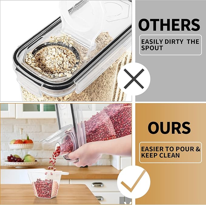 PRAKI Cereal Containers Storage Set (4L,135.2 Oz), 4PCS Airtight Food Storage Containers with Pour Spout for Kitchen & Pantry Organization Cereal Dispensers with 20 labels, Measuring Cup & Marker