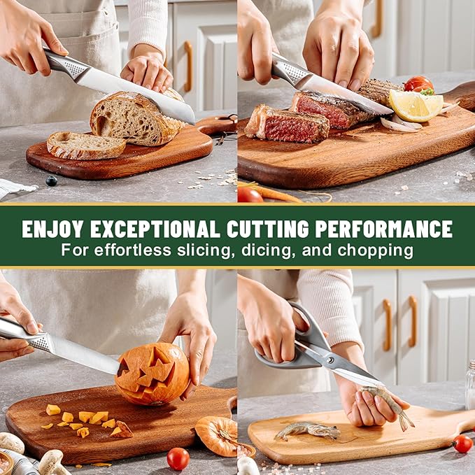 Knife Set, EWFEN 14-Piece Kitchen Knife Set with Block, German Stainless Steel Knives with Built-in Knife Sharpener, Anti-Slip Sharp Knives Set for Kitchen, Dishwasher Safe, Concave-dotted Handle