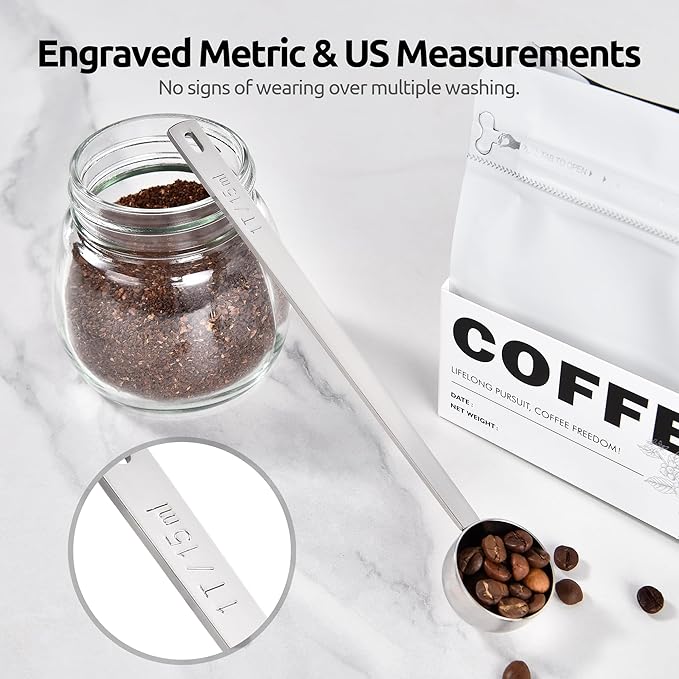 U-Taste Coffee Scoop 1 Tablespoon: 18/8 Stainless Steel Measuring Scooper for Ground Coffee, Bean, Powder, Espresso, 6.9in Long Handle Metal Meaure Spoon for Canister, Jar (1Tbsp/15ml, Silver)
