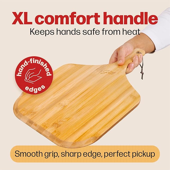 HANS GRILL Wooden Pizza Peel 12 Inch - Bamboo Wood Pizza Peel 12 Inch Paddle For Oven - Restaurant Grade Natural Bamboo Paddle, Multi-use Spatula - Large Wooden Board For Serving and Transferring