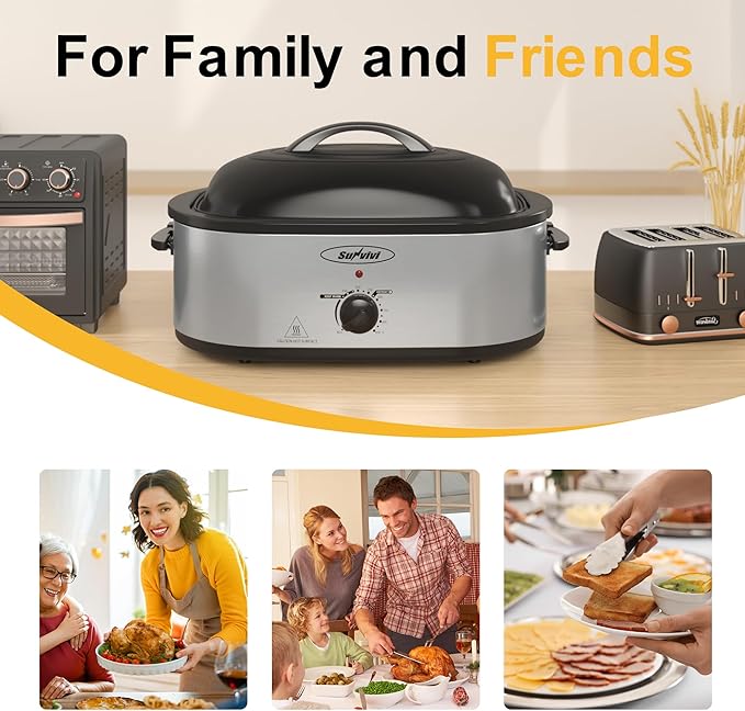 Sunvivi 24lb 20-Quart Roaster Oven, Electric Roaster Oven with Self-Basting Lid, Turkey Roaster with Unique Defrost/Warm Function, Large Roaster with Removable Pan & Rack, Stainless Steel, Silver