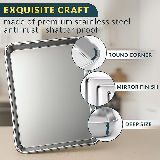 Baker’s Signature Stainless Steel Cookie Sheet Pan, Stainless Steel Baking Sheet Set of 3, Mirror Finish, Non-Stick, Rust Resistant, BPA Free, Dishwasher Safe, 9/12/16 Inch