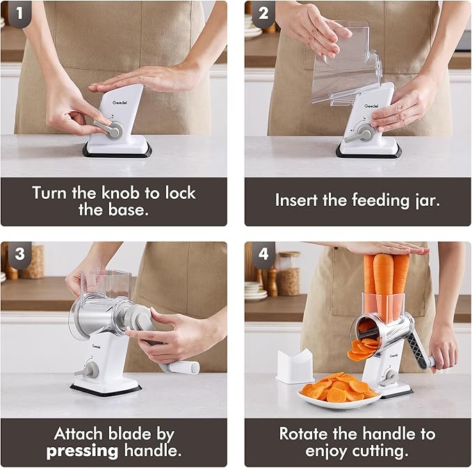 Geedel Rotary Cheese Grater - Upgraded Vegetable Shredder with 4 Interchangeable Blades, Easy to Clean Cheese Shredder with Handle, Kitchen Grater Nuts Grinder for Cutting Cheese, Vegetable, Nuts