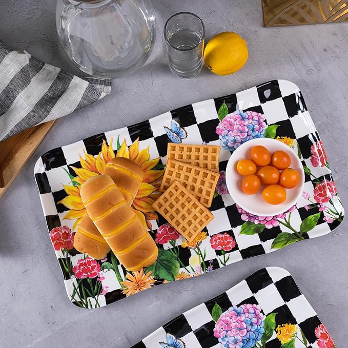 LEHAHA Rectangular Melamine Sunflower Serving Tray, 2-Piece Hydrangea Serving Platter Set, 17.5" x 10" Colorful Trays/Platters Sets for Outdoor and Indoor Dining and Entertaining Parties,Black Plaid