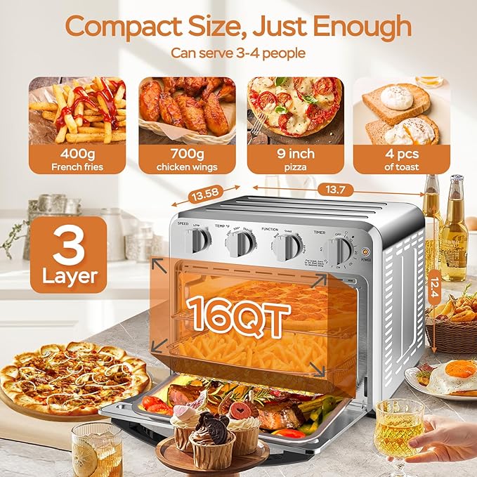 Geek Chef Air Fryer Toaster Oven Combo, 16QT 5-in-1 Toaster Ovens Countertop, Convection AirFryer with Bake, Air fryer & Toaster, Broil and Warm Functions, Stainless Steel Easy Oven for Wonder Meals