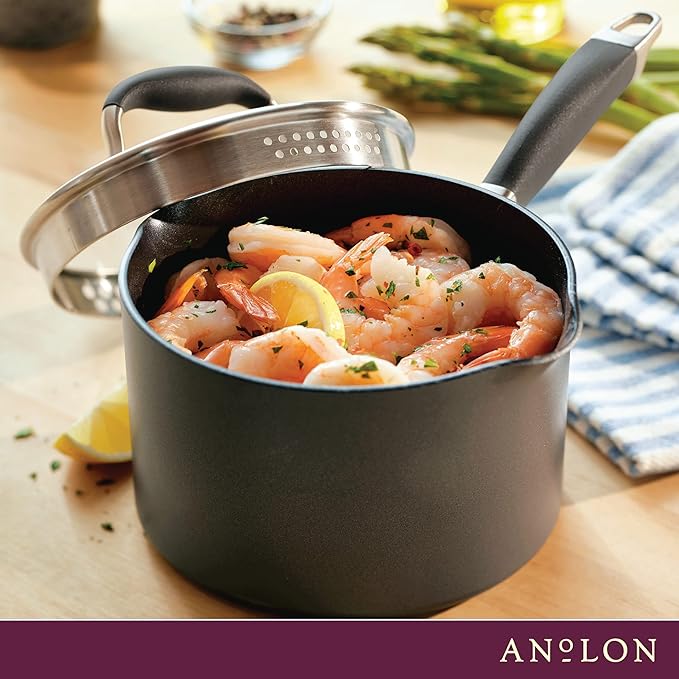 Anolon Advanced Home Hard Anodized Nonstick Sauce Pan/Saucepan with Straining and Lid, 2 Quart (2 Qt Straining Saucepan, Moonstone)