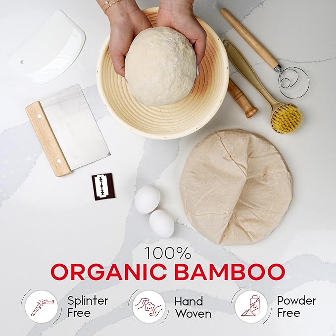Swice Bread Proofing Basket, Round 9-Inch Banneton Sourdough Starter Kit with Lame, Dough Scraper, Linen Liner, and Basting Brush, Complete Bread Making Supplies and Tools