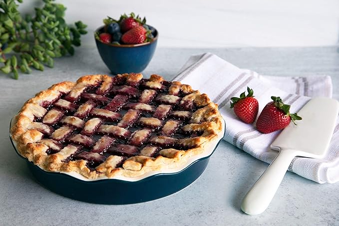 KooK Deep Dish Pie, Pecan Dessert Dish, Porcelain, Ceramic, Deep Dish Plate 10 Inch, Apple Pie, Ruffled Wave Edge, Reusable Round Pan, Oven and Dishwasher Safe, 44 Oz (Navy)