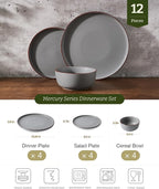 Famiware Mercury Plates and Bowls Sets, 12 Pieces Stoneware Dinnerware Sets, Dishes Set for 4, Microwave and Dishwasher Safe, Dark Grey