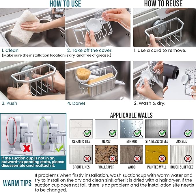 TAILI Sponge Holder for Kitchen Sink with Strong Suction Cup Removable, Rustproof Aluminum Sink Caddy for Sponge, Brush, Scrubber, Scraper -Silver