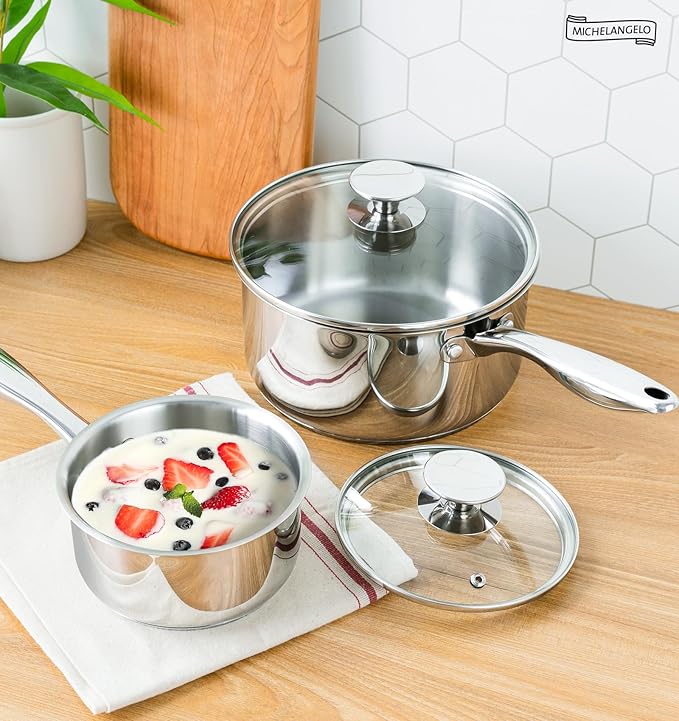 MICHELANGELO 1Qt & 2Qt Tri-ply Stainless Steel Saucepan Set, Small Cooking Pots with Tempered Glass Lids, Induction Ready, Oven & Dishwasher Safe, Multipurpose Sauce Pans for Home Kitchen & Restaurant
