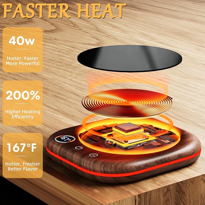 Mug Warmer Upgraded,Coffee Mug Warmer for Desk LEDs Light 3 Temp Settings (113-167°F) 1-12H Timer 4 H Auto Shut Off Beverage Cup Candle Warmer for Coffee Tea Milk(Wood Grain)