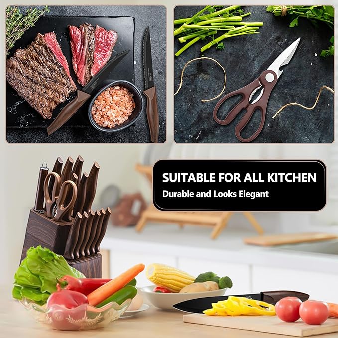 E-far Knife Set with Block, 15 Pieces Kitchen Knife Block Set with Sharpener, High Carbon Stainless Steel Sharp Chef Knife Set with Ergonomic Handles, Anti Rust, Walnut