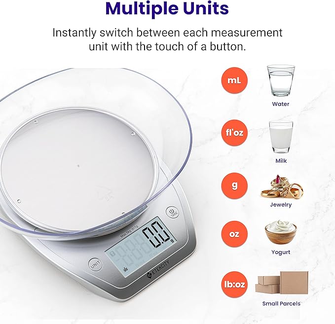Etekcity 0.1g Food Kitchen Scale, Bowl, Digital Grams and Ounces for Weight Loss, Dieting, Baking, Cooking, and Meal Prep, 11lb/5kg, Stainless Steel Silver