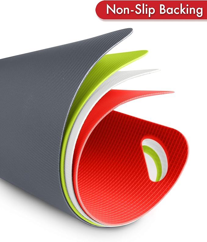 Dexas Heavy Duty Cutting Board Grippmat, Flexible Cutting Boards for Kitchen, Set of 4, Non Slip Plastic Board Cutting Mat 11.5 by 14 Inches Gray, Red, White and Green Set, Kitchen Gadgets