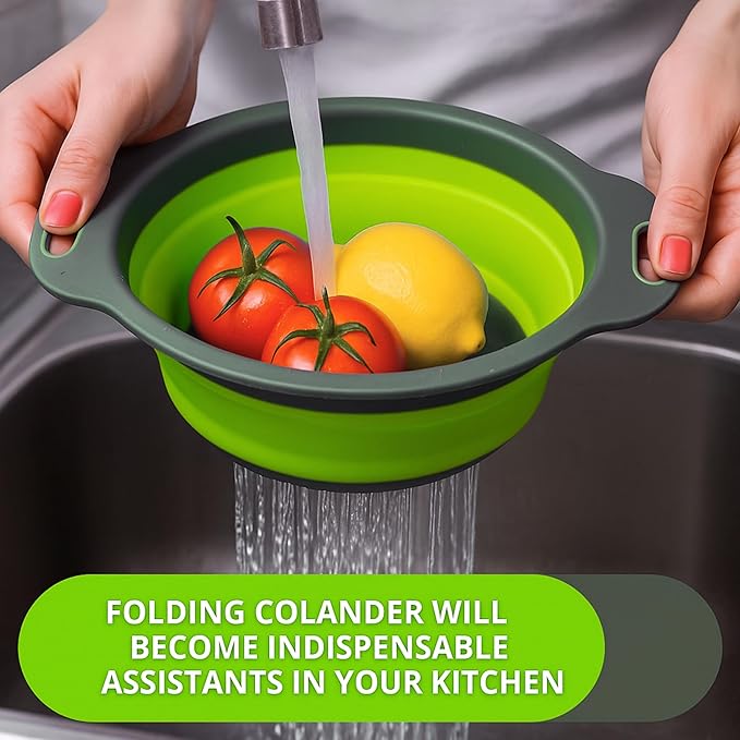 Small Collapsible Colander with Plastic Handles Round Silicone Kitchen Strainers Foldable Kitchen Strainer Perfect for Draining Pasta Vegetable and Fruit Green