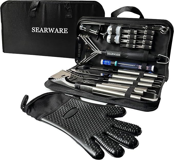 Barbecue Grill Tool Set - Stainless Steel - Strong Durable Design - Heat Resistant Glove & Bristle Free Grill Brush - Thermometer, Meat Injector, & Corn Skewers - Perfect For Smokers & Grills