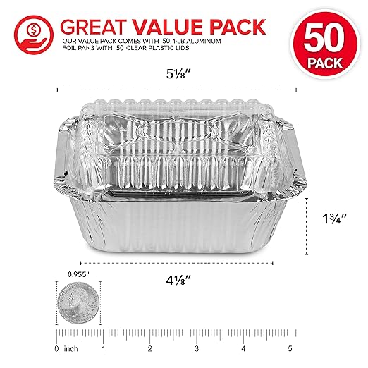 Stock Your Home 1 lb Small Aluminum Pans with Lids (50 Pack), Foil Pans with Clear Plastic Lids, Disposable Cookware & Takeout Trays for Restaurants & Catering