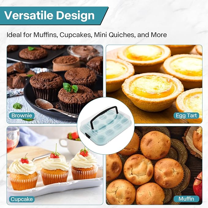Blue 12-Cup Muffin Pan with Lid, 2-Pack Metal Cupcake Pan with Handle, Portable Blue Muffin Pans Nonstick 12 with Cover Ideal for Easy Carrying, Holiday, Party and Travel