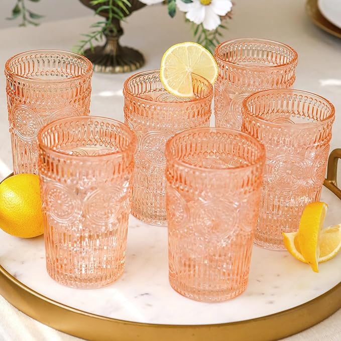 Kate Aspen Vintage Textured Rose Gold Striped Drinking Glasses Set of 6, (13 oz) Ribbed Glassware Set | Cocktail Set, Ice Tea Glasses, Juice Glass, Water Cups