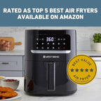 West Bend Compact Air Fryer 5-Quart Capacity with Digital Controls LCD Display and 10 Cooking Presets with Shake Reminder, Nonstick Frying Basket, 1500-Watts, Black