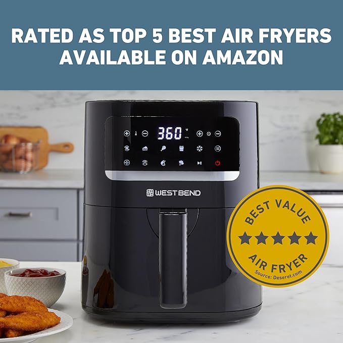 West Bend Compact Air Fryer 5-Quart Capacity with Digital Controls LCD Display and 10 Cooking Presets with Shake Reminder, Nonstick Frying Basket, 1500-Watts, Black
