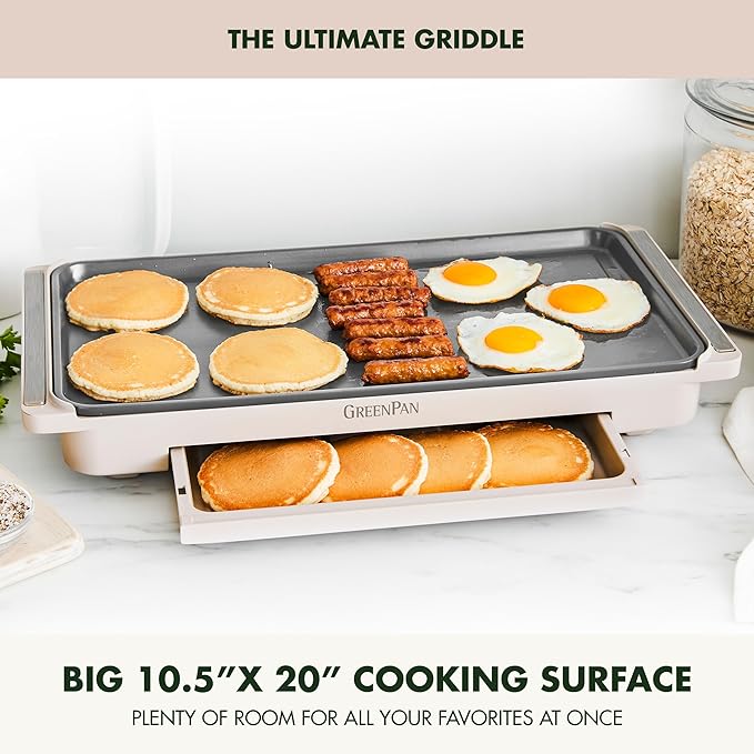 GreenPan Advanced 10.5”x 20” Electric Griddle with Warming Drawer, Healthy Ceramic Nonstick PFAS-Free Coating, Temperature Control, Easy and Versatile Countertop Meals, Dishwasher Safe, Clay