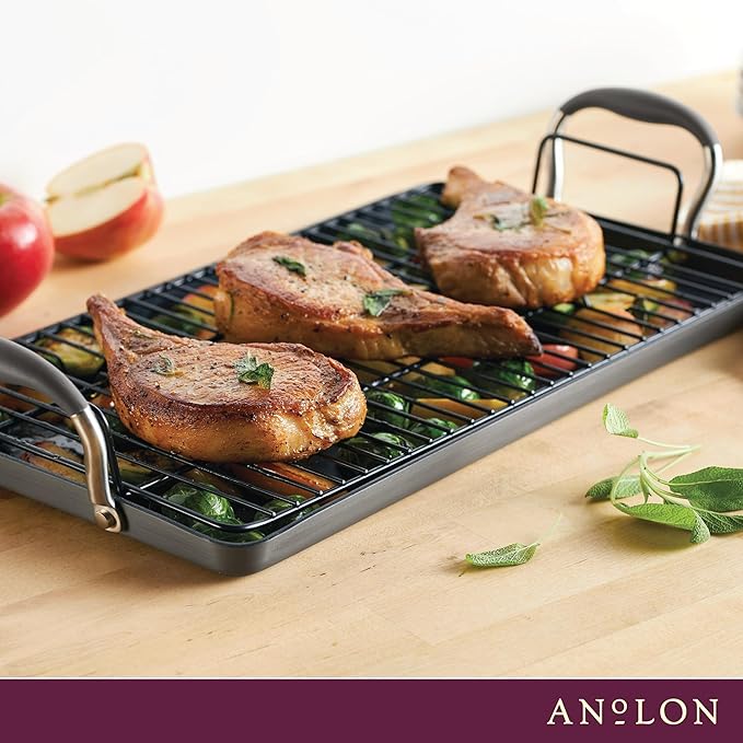 Anolon Advanced Home Hard Anodized Nonstick Double Burner Griddle with Roasting Rack, 10 Inch x 18 Inch, Moonstone