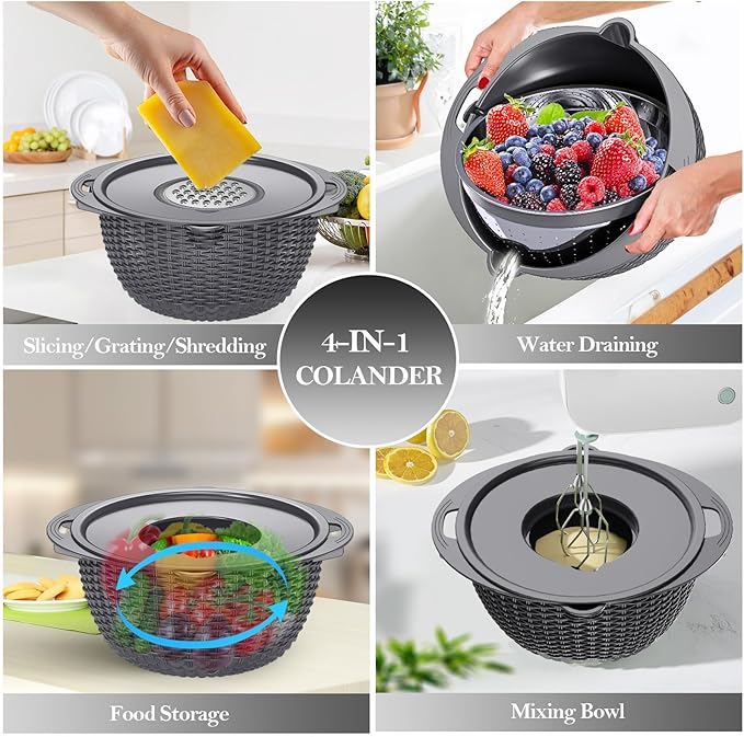 4-in-1 Colander with Bowl Set – Food Strainers and Colanders - Stainless Steel Rotatable Strainer for Fruits & Veggies – Pasta Strainer - Kitchen Essentials - Grey
