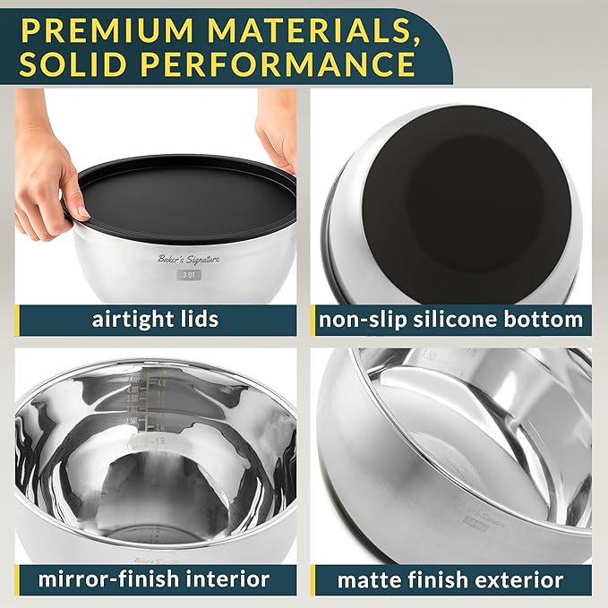 Baker's Signature Stainless Steel Mixing Bowls with Lids Set, 5 Sizes, 3 Graters, Non-Slip Base, Airtight Lids, Metal Mixing Bowls for Kitchen, Food Prep, Storage, 0.63QT-5QT, Black