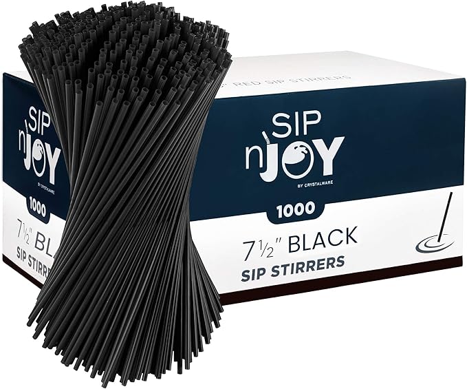 Crystalware, Plastic Stir Straw, Sip Stirrer, For Coffee and Cocktail, 7 1/2 Inches 1000/Box, Black
