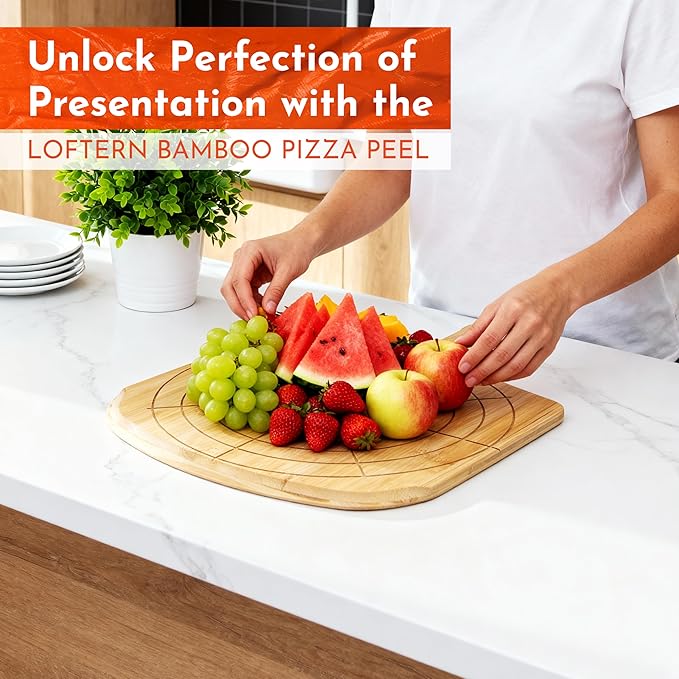 Loftern Wooden Pizza Peel 12 Inch Board with Engraved Sizes - Multi-Purpose Bamboo Pizza Cutting Board, Wood Pizza Peel, Pizza Spatula Paddle, and Serving Board with Size and Cutting Guide