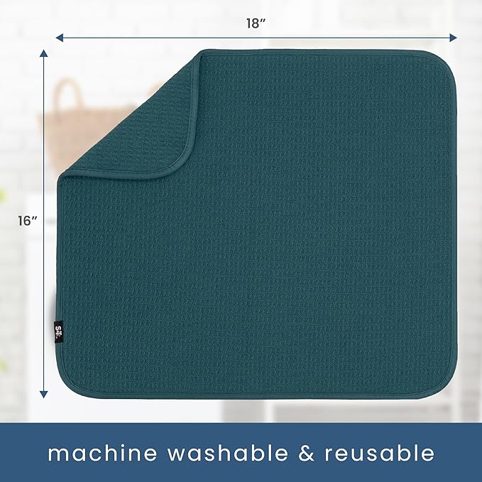 S&T INC. Dish Drying Mat, 16” x 18”, Absorbent Microfiber Kitchen Counter Mat, Dish Drying Pad for Dishes, Utensils, Pots and Pans, Large, Tapestry Blue