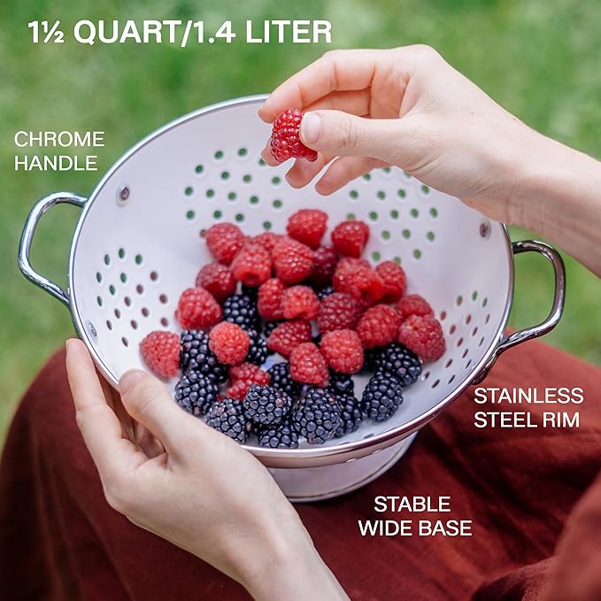 Reston Lloyd, 1.5 Quart Powder Coated Steel Kitchen Strainer Basket for draining Pasta, Vegetable and Fruit, Chrome Handles and Wide Stable Base, Magenta