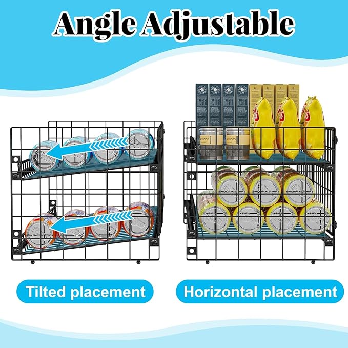 2-Tier Stackable Can Organizer for Pantry, Adjustable Extra-Long Can Rack for Pantry Shelf Organizer and Storage, Sturdy Standing Can Holder for Canned Soup Food Goods Storage up to 64 Cans, Black