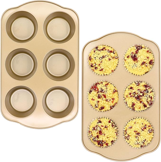 Jumbo Muffin Pan 2 Pack, Nonstick Large Cupcake Pan 6 Cup, Heavy Duty 0.5mm Thick Steel Big Muffin Tins for Baking, 3.5inch Dia, Gold