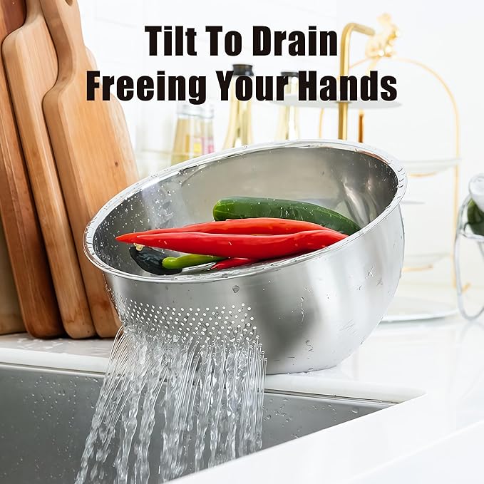 Rice Washer Strainer Bowl, Stainless Steel Quinoa Washing Bowl With Side Drainers Colander for Cleaning Rinsing Fruits, Vegetables, and Beans - Versatile Kitchen Tool