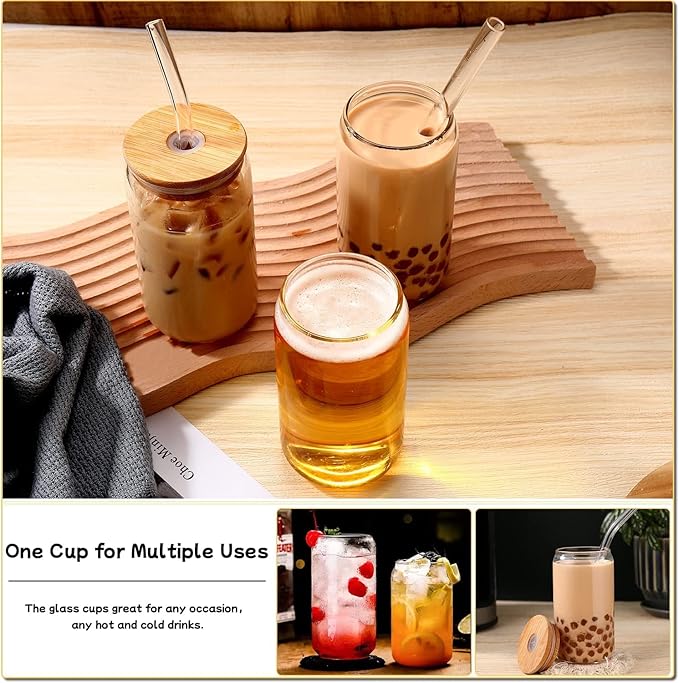 DWTS DANWEITESI Glass Cups with Lids and Straws 4 pcs,16oz Drinking Glasses Set for Coffee Bar Accessories,Iced Coffee Cups with Lids,Matcha Cup Glass Tumbler Reusable for Gifts