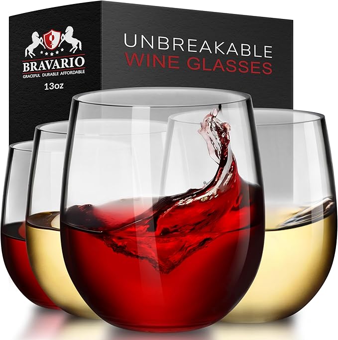 Bravario Unbreakable Stemless Plastic Wine Glasses | Reusable | Shatterproof 100% Tritan Plastic | Dishwasher-Safe | BPA-free | Awesome for Indoor & Outdoor | 13 oz, Set of 4