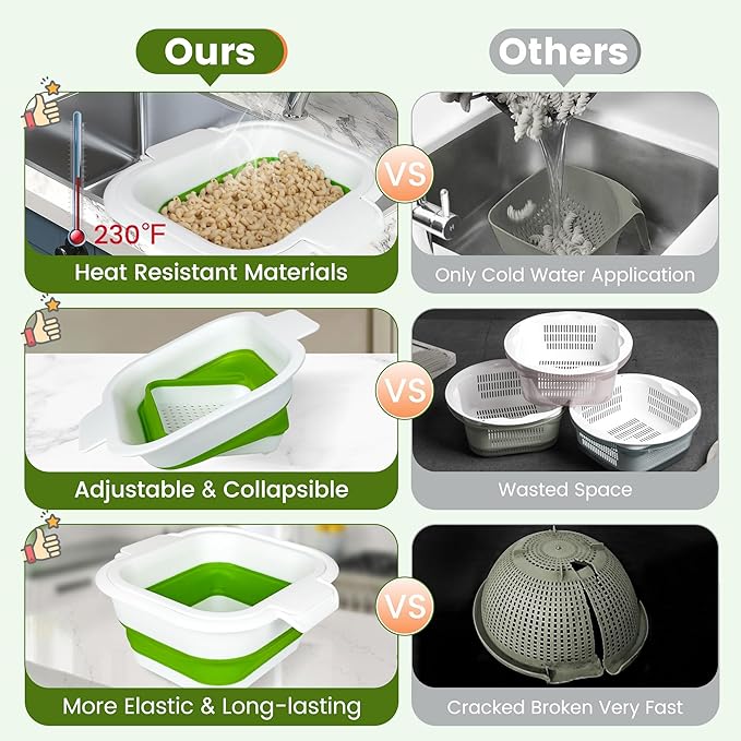 Collapsible Colander Set with Strainer Bowl, 2 in 1 Fruit Washing Basket with Strainer, 5 + 3 QT Plastic Colanders for Kitchen, Foldable Double Layered Colander Bowl for Berry, Vegetable, Green