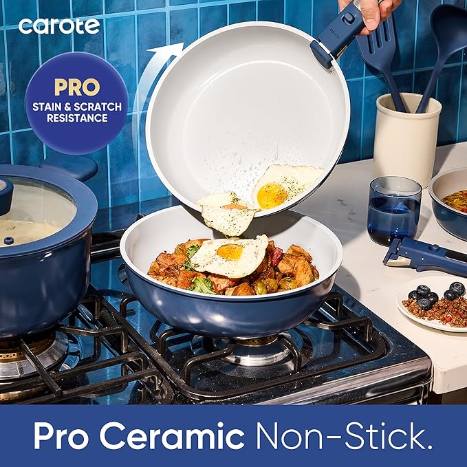 CAROTE 27pcs Ceramic Cookware Set Nonstick, Pots and Pans Set Non Stick, Non Toxic Cookware Detachable Handles, Dishwasher/Oven Safe, RV/Camping Cookware, Pan and Pot with Kitchen Utensils, Navy Blue