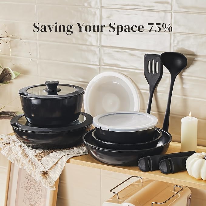 Redchef 16pcs Ceramic Pots and Pans Set Non Stick, Nonstick Kitchen Cookware Set with Detachable Handle, Non Toxic, PFAS PFOA & PTFE Free, RV Cookware Set for Camping, Dishwasher/Oven Safe (Black)