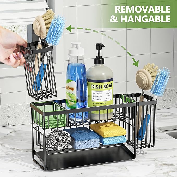 Cisily 2-Tier Kitchen Sink Caddy Organzier Rack with Flexible Dish Brush Holder, Sponge Holder for Kitchen Sink Countertop Organization Storage,Home Decor Accessories Essentials Stainless Steel
