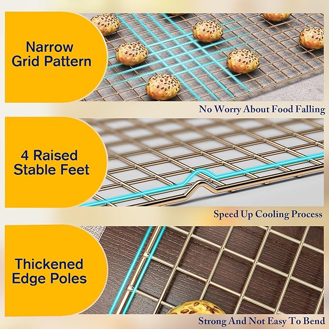 2PCS Cooling Racks for Cooking and Baking - 10" x 16"Heavy Duty Stainless Steel Wire Rack for Baking, Grilling, Roasting - Oven & Dishwasher Safe - Fits Half Sheet Pan（Gold）