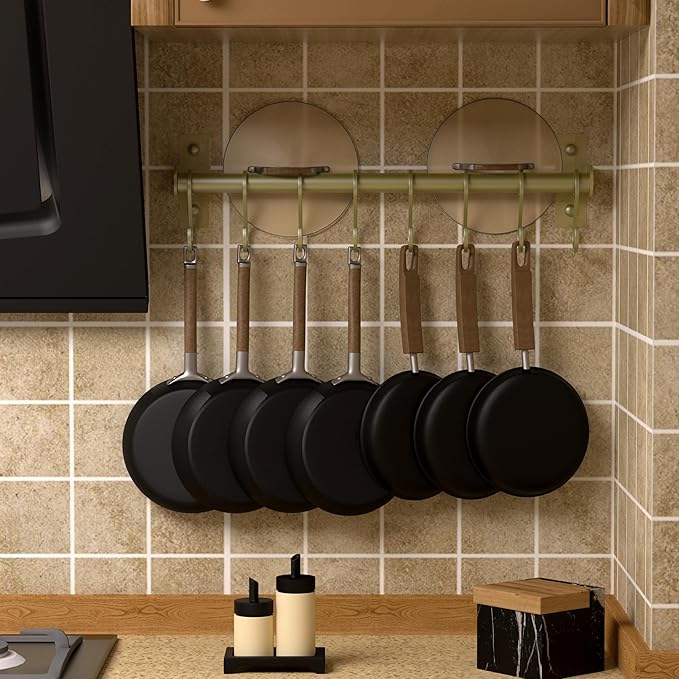 Dseap Kitchen Utensil Holder Hanger, Pot and Pan Rack Wall Mounted, Kitchen Rail with 8 Hooks for Hanging Cooking Utensils, Mugs, Spoons, Wall Mounted,Champagne Color, Pack of 2
