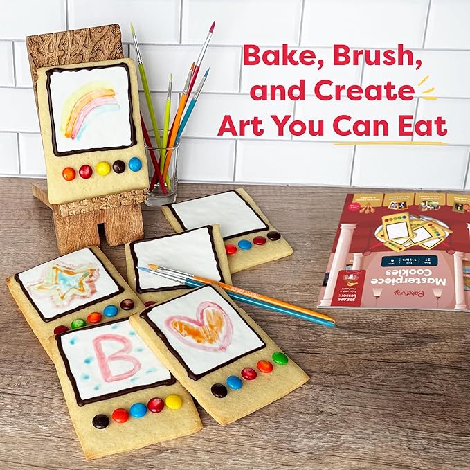 Baketivity Masterpiece Cookies Kids Baking Kit - Cooking Kit for Kids with Premeasured Ingredients, Step by Step Instructions, Paint Brushes, Art Lessons - Baking Set for Girls, Boys Ages 6-12