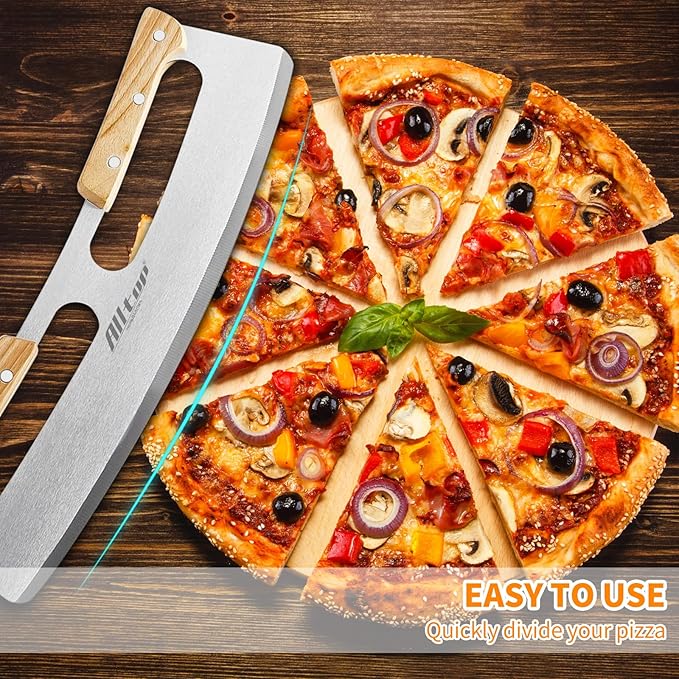 ALLTOP Pizza Cutter Rocker,Stainless Steel Blade Knife With Double Wooden Handle & Plastic Cover, Large Pizza Slicer/Chopper, Essential Kitchen Tool -14 In